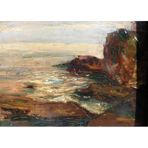 602 - Indistinctly signed, possibly dated 1931 verso, impressionist, Rocky coastal scene oil on card, in p... 