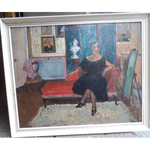 603 - James Davies R.B.S.A 1994 oil portrait of Mrs Margaret Miller in her living room, label verso, white... 