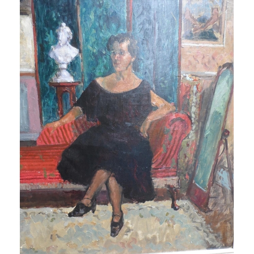 603 - James Davies R.B.S.A 1994 oil portrait of Mrs Margaret Miller in her living room, label verso, white... 