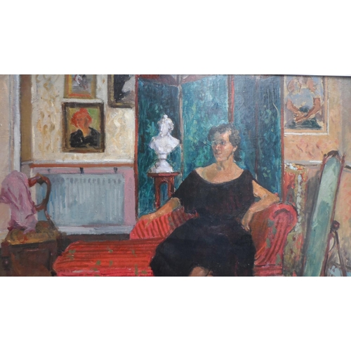 603 - James Davies R.B.S.A 1994 oil portrait of Mrs Margaret Miller in her living room, label verso, white... 