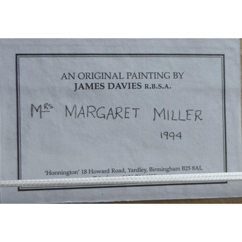 603 - James Davies R.B.S.A 1994 oil portrait of Mrs Margaret Miller in her living room, label verso, white... 