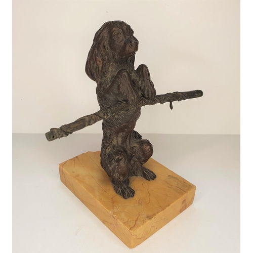 98 - Stunning unmarked, early 20thC bronze of a small dog on its hind legs with a stick in its mouth on a... 