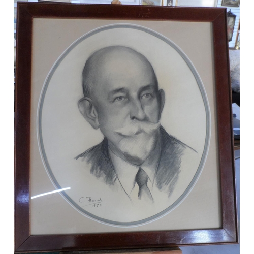 690 - Indistinctly signed 1951 charcoal, heightened in white portrait of a well groomed gentleman, framed ... 