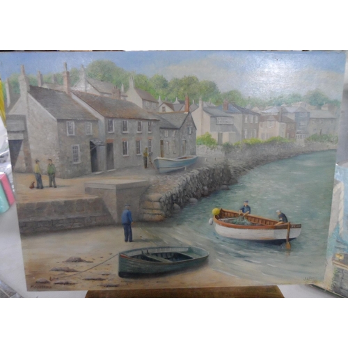 694 - Two fine quality, J A Pusey 1991 oils depicting Mousehole & Polperro harbours, both unframed (2),

B... 