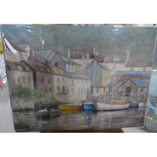 694 - Two fine quality, J A Pusey 1991 oils depicting Mousehole & Polperro harbours, both unframed (2),

B... 