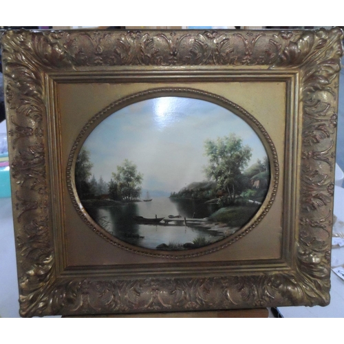 715 - Robertson, oval oil on board, tranquil lake scene, framed,

The oil measures 20 x 25 cm