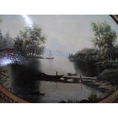 715 - Robertson, oval oil on board, tranquil lake scene, framed,

The oil measures 20 x 25 cm