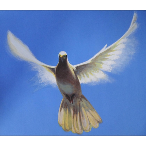 767 - Indistinctly signed, modernist oil on canvas, portrait of a dove in flight, unframed,

75 x 51 cm