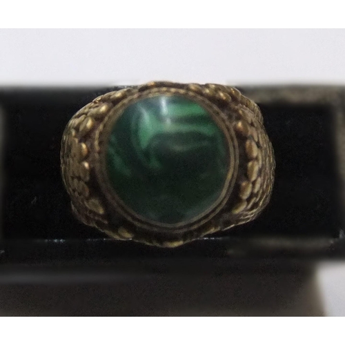 35 - Medieval metal style bronze ring with green cabochon stone