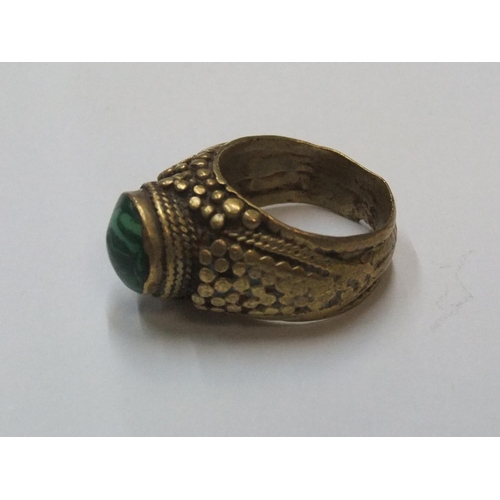 35 - Medieval metal style bronze ring with green cabochon stone