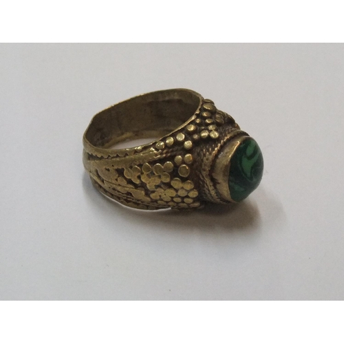 35 - Medieval metal style bronze ring with green cabochon stone