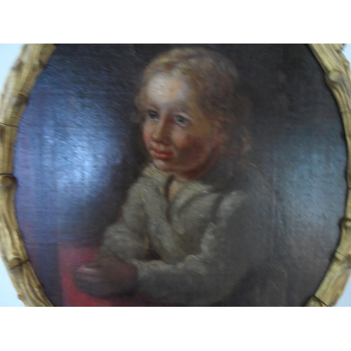 575 - Unsigned 18thC oval oil on canvas laid down to board, portrait of a young, well dressed boy in antiq... 