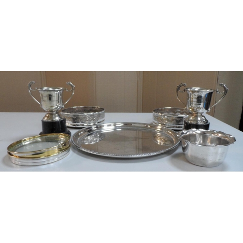 424 - Good collection of EPNS items to include a tray, pair of wine catchers and a pair of trophies etc (L... 