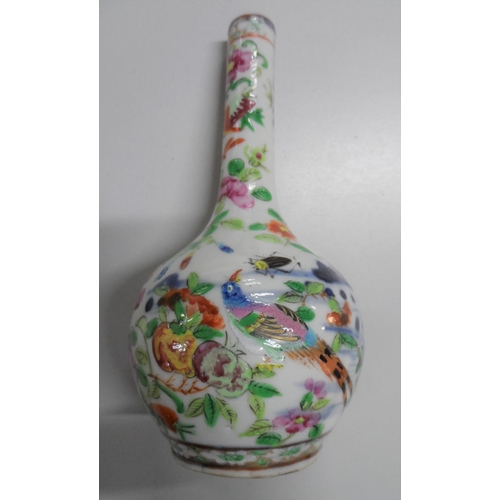 112 - Unmarked Chinese long necked vase with bird, insect and floral decoration,

17 cm tall