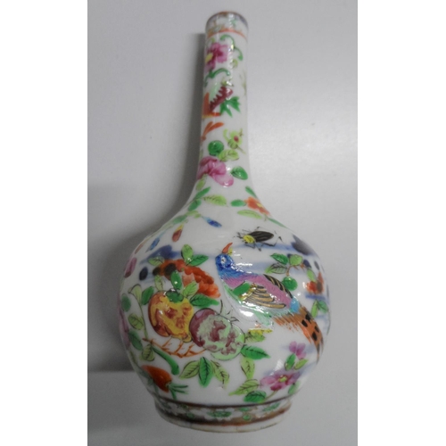 112 - Unmarked Chinese long necked vase with bird, insect and floral decoration,

17 cm tall