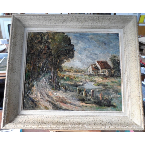 607 - Indistinctly signed, early French impressionist country scene oil painting in original frame,

The o... 