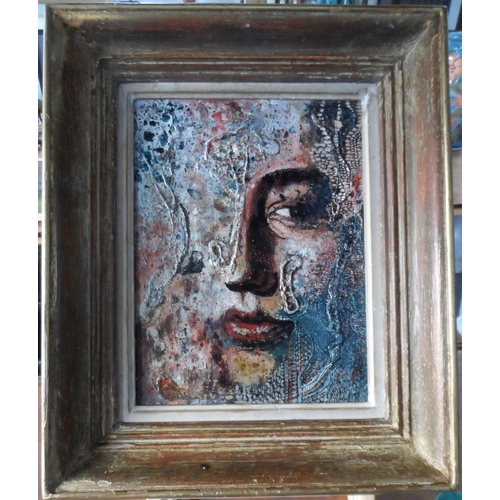 608 - Unsigned French modern school, late 20thC, abstract oil on board, face portrait, framed,

The oil me... 