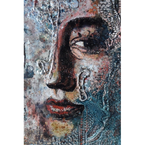 608 - Unsigned French modern school, late 20thC, abstract oil on board, face portrait, framed,

The oil me... 