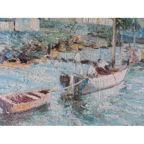 609 - Indistinctly signed, Edwardian impressionist oil on board painting depicting a river yachting scene ... 