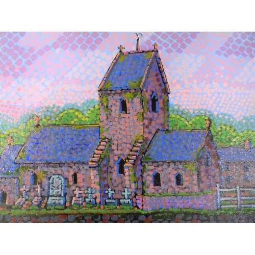 761 - Modern French Pointillist school oil on board painting depicting a church at St Malo, France, unsign... 