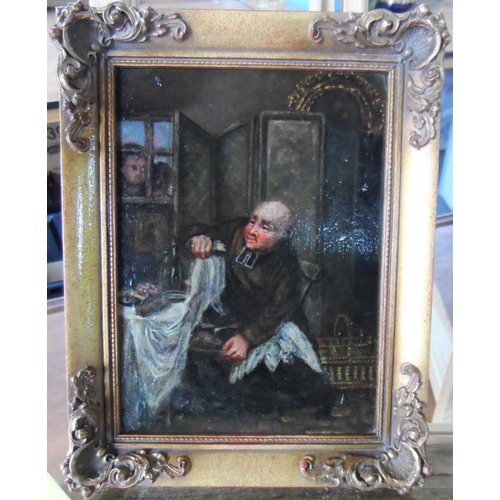 595 - Unsigned mid 19thC Continental school oil painting depicting a greedy monk feasting and hiding some ... 