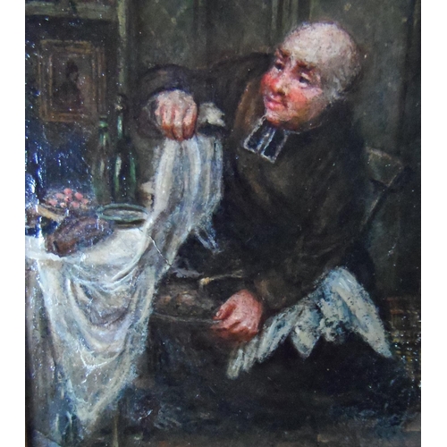 595 - Unsigned mid 19thC Continental school oil painting depicting a greedy monk feasting and hiding some ... 