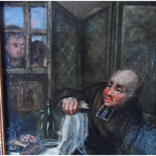 595 - Unsigned mid 19thC Continental school oil painting depicting a greedy monk feasting and hiding some ... 