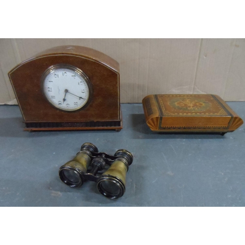 156 - Collection of items to include Opera glasses, mantle clock, wooden music box etc (4)