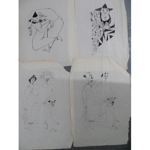 763 - 15, unsigned, British modern school pen & ink wash drawings of clowns (15), all unframed,

Approx av... 