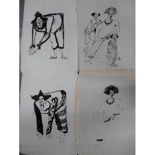 763 - 15, unsigned, British modern school pen & ink wash drawings of clowns (15), all unframed,

Approx av... 