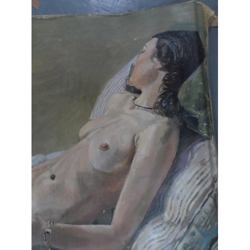 765 - Unsigned oil on unstretched canvas portrait of a reclining female nude,

51x71cm