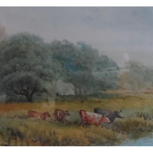 703 - Fine quality, antique British landscape watercolour, indistinctly signed, Cows by river, framed and ... 