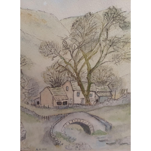 729 - Four watercolours, Three by local artist A.H. Hartley country scenes and a J. Horsley still-life dep... 