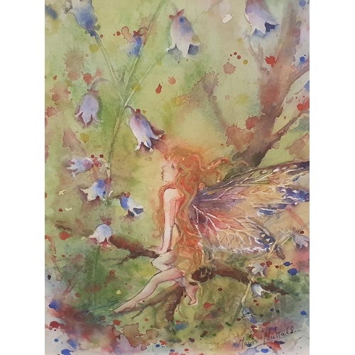 744 - Mavis Nuttall, watercolour of a fairy seated on a branch, framed, (1), 

24 x 20cm