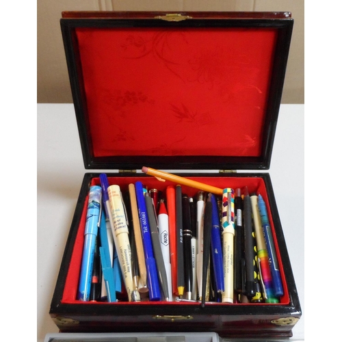 126 - Fine quality antique box filled with pens including a quantity of Parker pens (Qty)