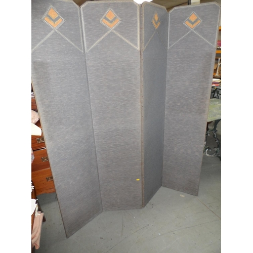 436 - Art Deco period 4-fold fabric screen together with an old cast iron umbrella/walking stick stand & a... 