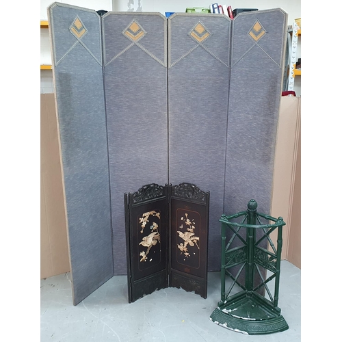 436 - Art Deco period 4-fold fabric screen together with an old cast iron umbrella/walking stick stand & a... 