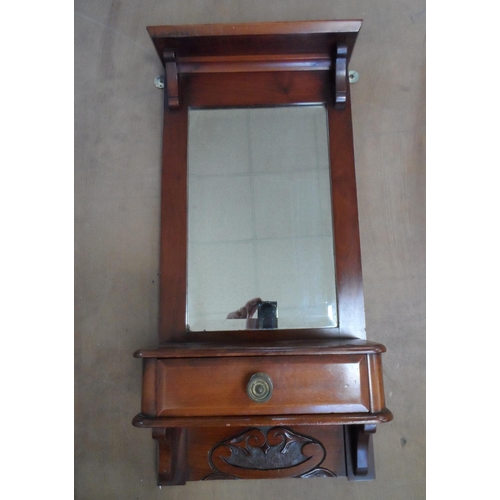 556 - Victorian mahogany shaving wall mirror with small drawer