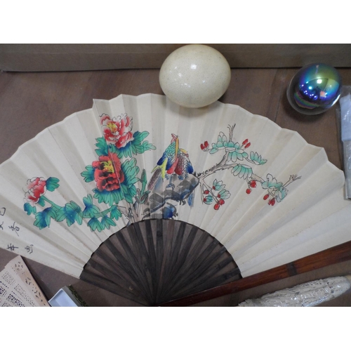 138 - Large collection of ladies fans including European and Asian examples, a parasol, paper weights & an... 