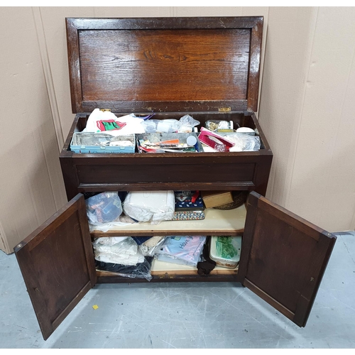 443 - Edwardian oak sewing cabinet complete with sewing contents,

76 cm long, x 36 cm deep x 72 cm high