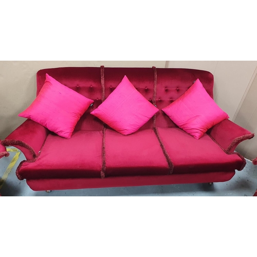 499 - Three seater vintage settee together with matching armchairs and associated cushions (Qty)