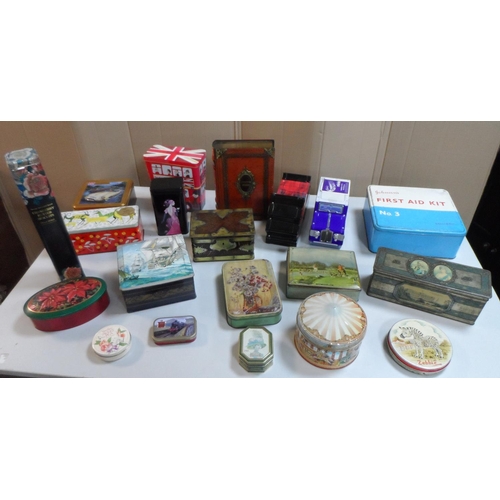 139 - Good collection of metal tins including early 20thC examples and Johnson & Johnson first aid tin (ap... 