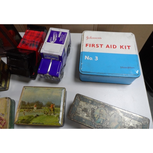 139 - Good collection of metal tins including early 20thC examples and Johnson & Johnson first aid tin (ap... 