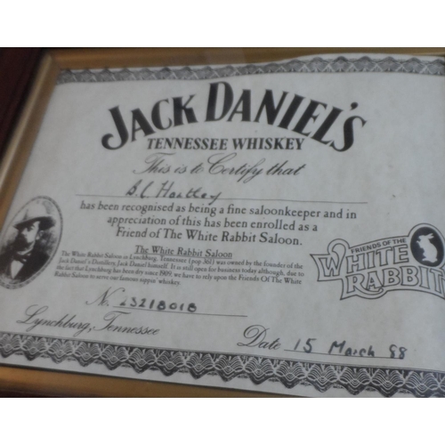 224 - Vintage Jack daniels certficate in oak frame together with a small framed Pepsi mirror (2)