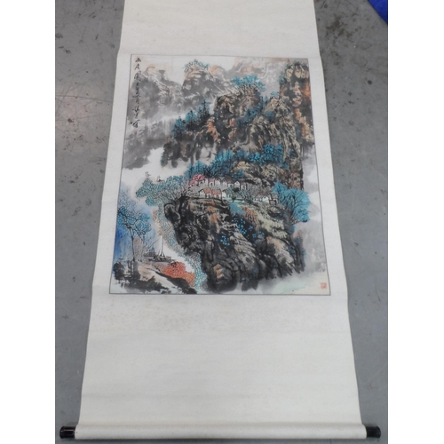 114 - Large mid 20thC Chinese scroll, signed watercolour landscape