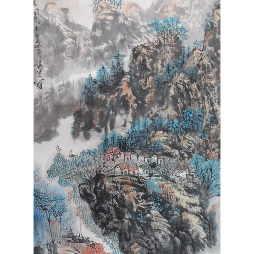 114 - Large mid 20thC Chinese scroll, signed watercolour landscape