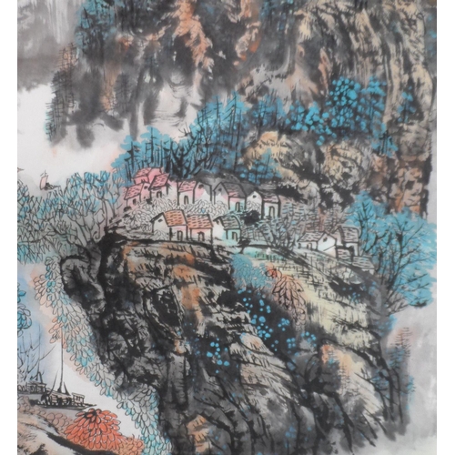 114 - Large mid 20thC Chinese scroll, signed watercolour landscape