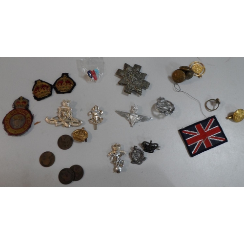 353 - Collection of military cap badges, buttons together with old coins and badges etc (Qty)