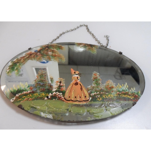 491 - Small Edwardian bevelled edged mirror with hand-painted image