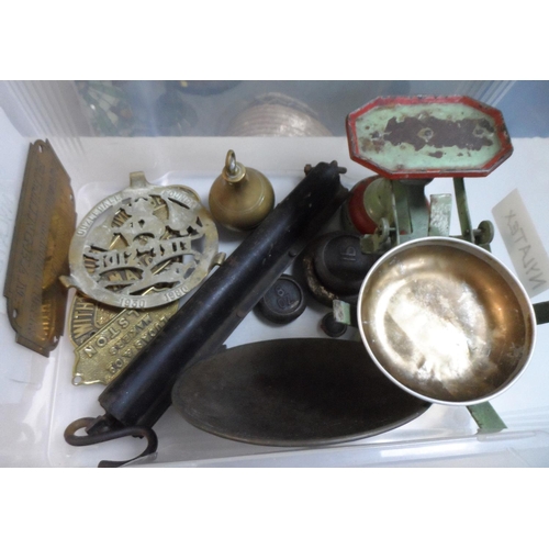 369 - Box full of vintage & old metal ware items to include, weigh scales and weights, barometer, signs, o... 